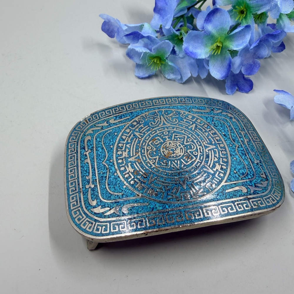 Taxco Signed Turquoise Stone Chip Vintage Belt Buckle